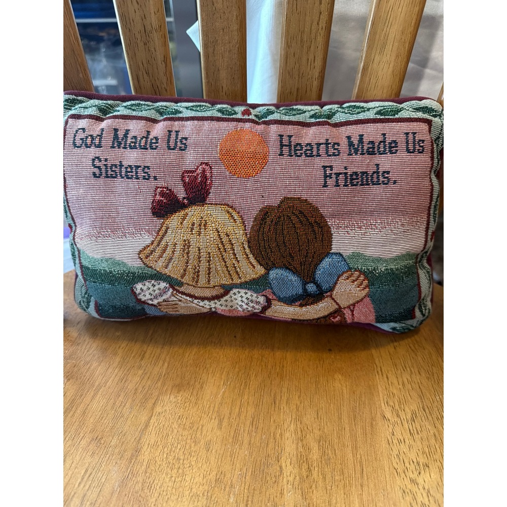 Vintage Woven Tapestry Sisters Hearts Made Us Friends Accent Throw Pillow